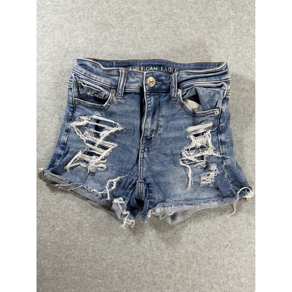 American Eagle Next Level Stretch Distressed Denim Shorts Blue Women Size 0 2438